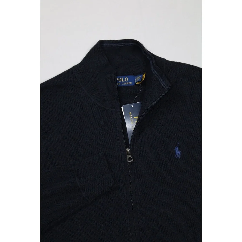 Polo Ralph Lauren Mens Waffle Knit Full Zip Sweater Navy Blue S Small Pony
